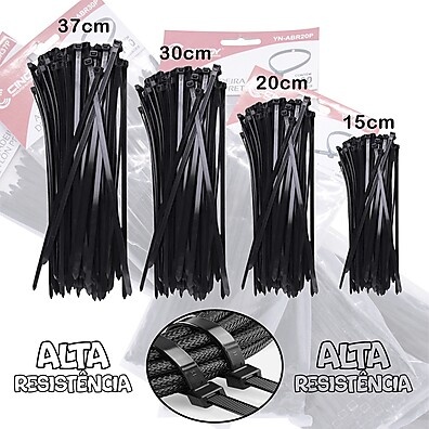 Kit 100 Abraçadeiras de Nylon Pretas - Diversos Tamanhos Cinoy