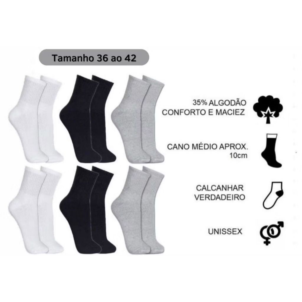 Kit 12 Pares Meia Esportiva: Conforto Total!