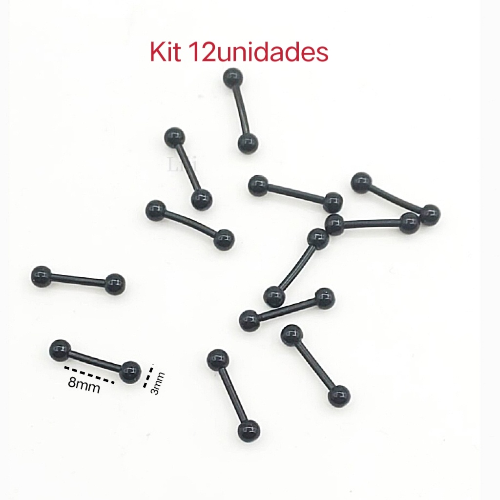 Kit 12 Piercings Tragus Silicone Flexível Preto Unissex