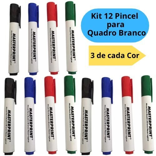 Kit 12 Pincéis Recarregáveis para Quadro Branco – 3 Cores Cada