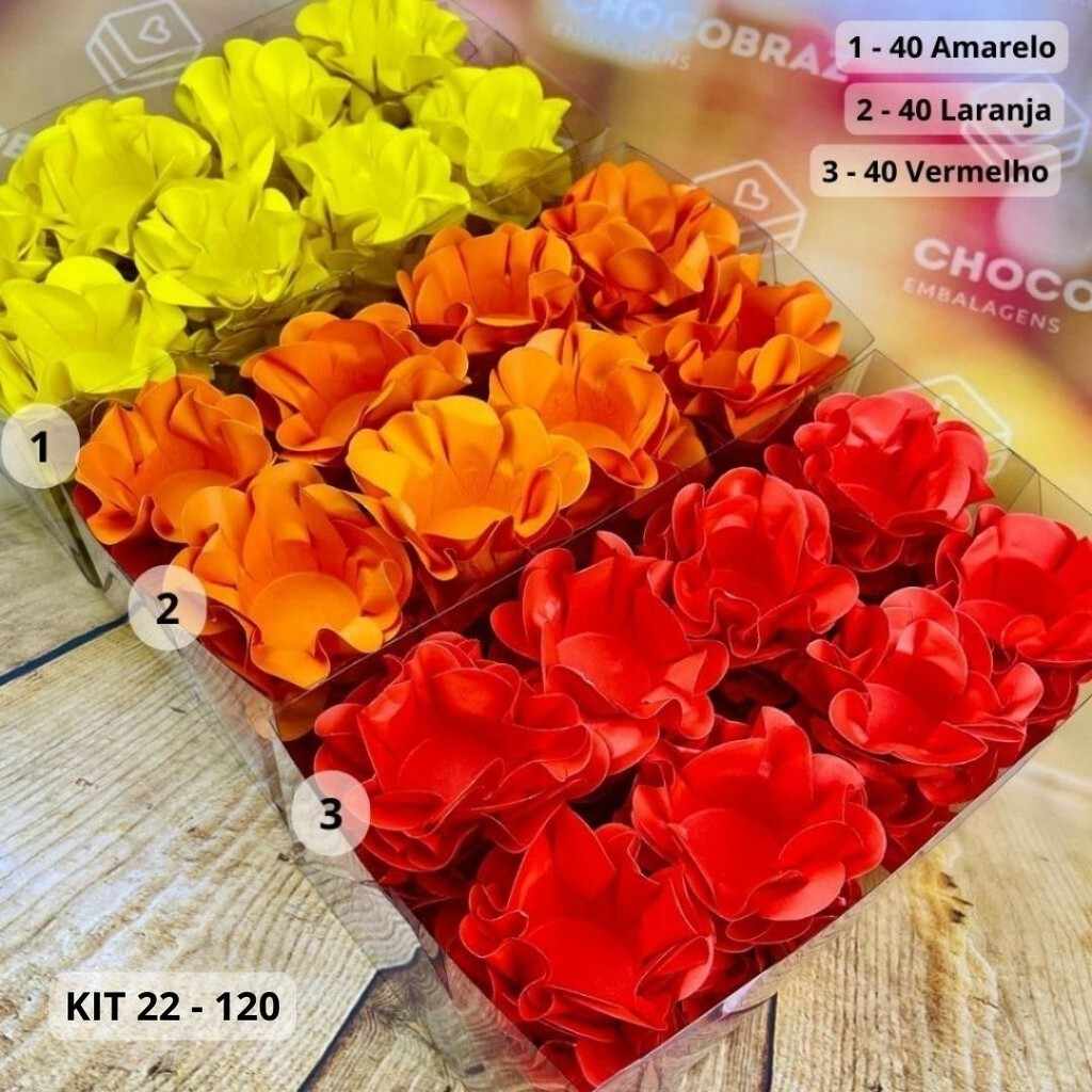 Kit 120 Forminhas para Doces Finos Coloridas - Amarelo, Laranja e Vermelho