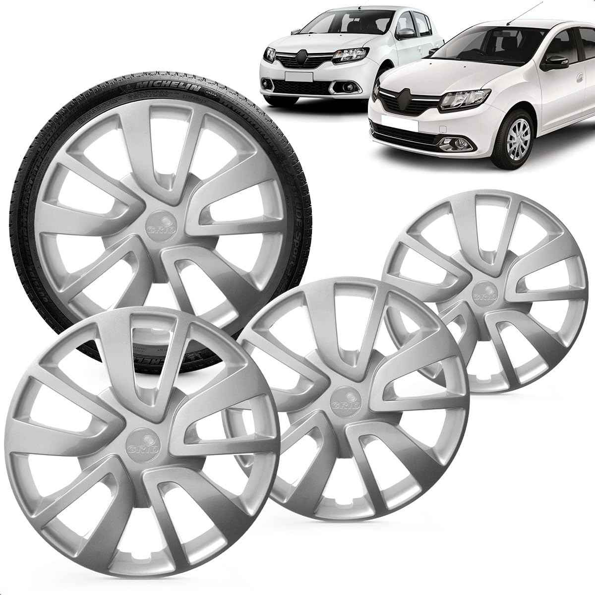 Kit 4 Calotas Sandero 2014-2016 Aro 15 Prata Grid - Design Esportivo e Proteção