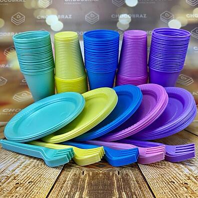 Kit 150 Itens Festa Candy Color – Copos, Pratos e Talheres Descartáveis