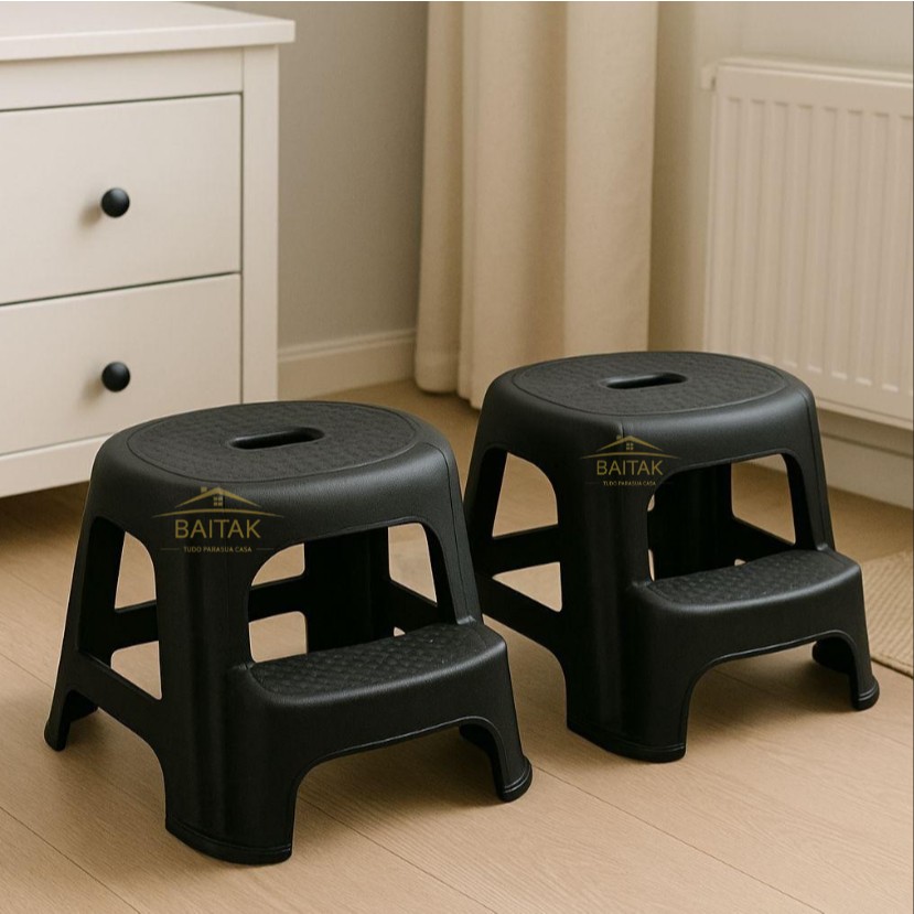 Kit 2 Bancos Escada Plástico Preto Multiuso - Poly Plast