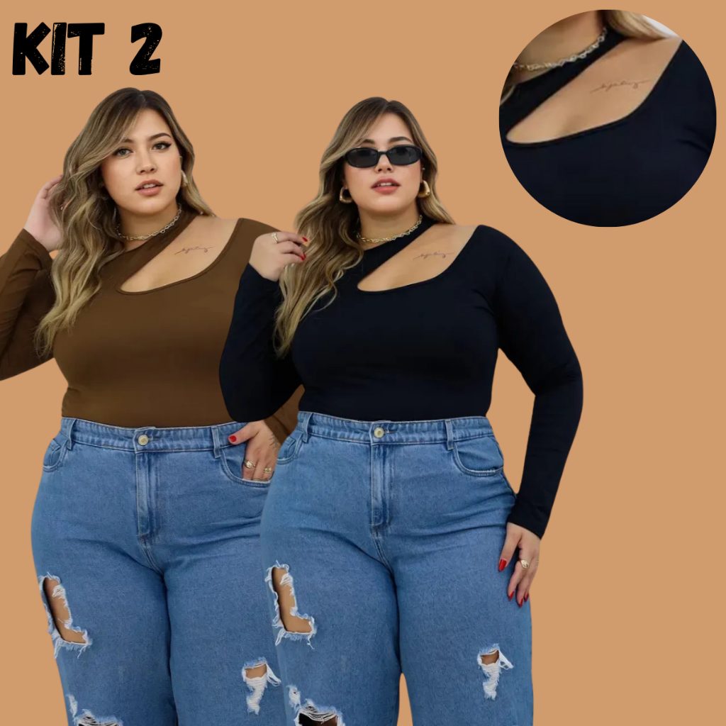 Kit 2 Blusas Femininas Plus Size com Decote Choker – Elegância e Conforto para Festas