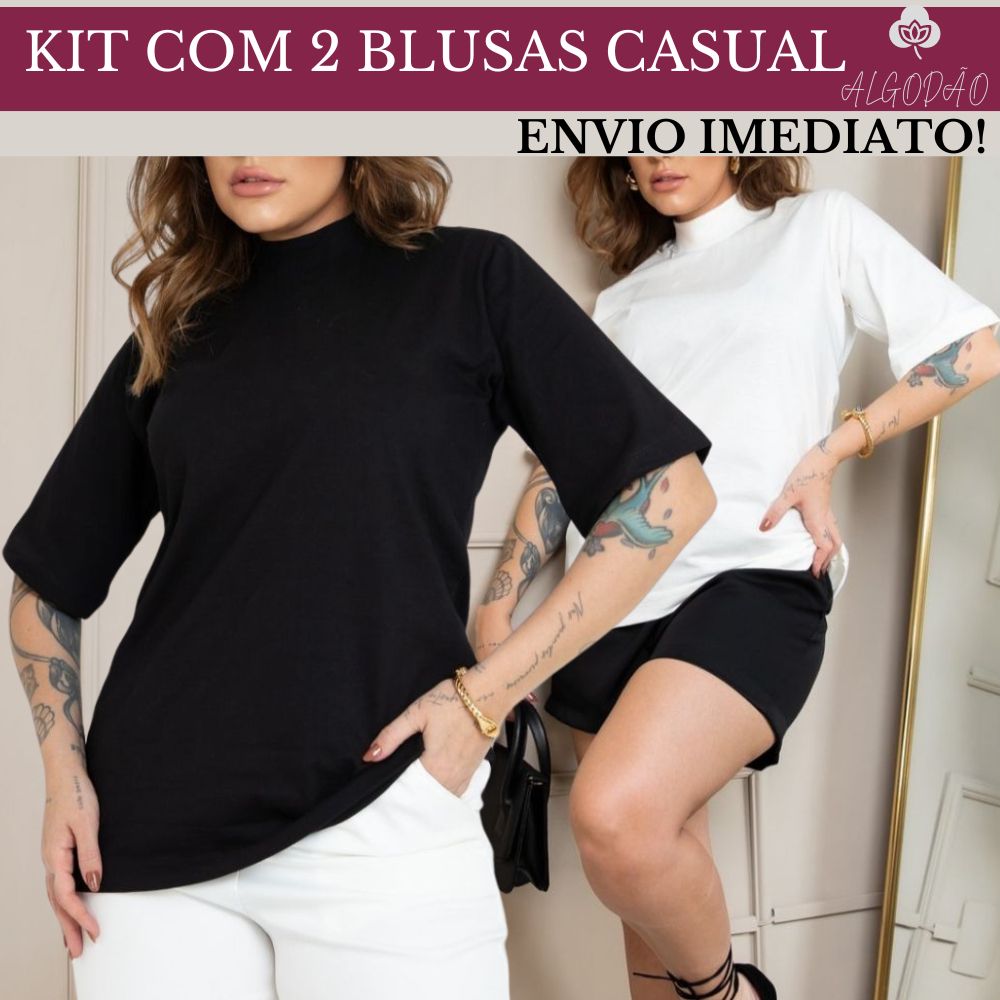 Kit 2 Blusas Gola Alta: Conforto Premium Algodão