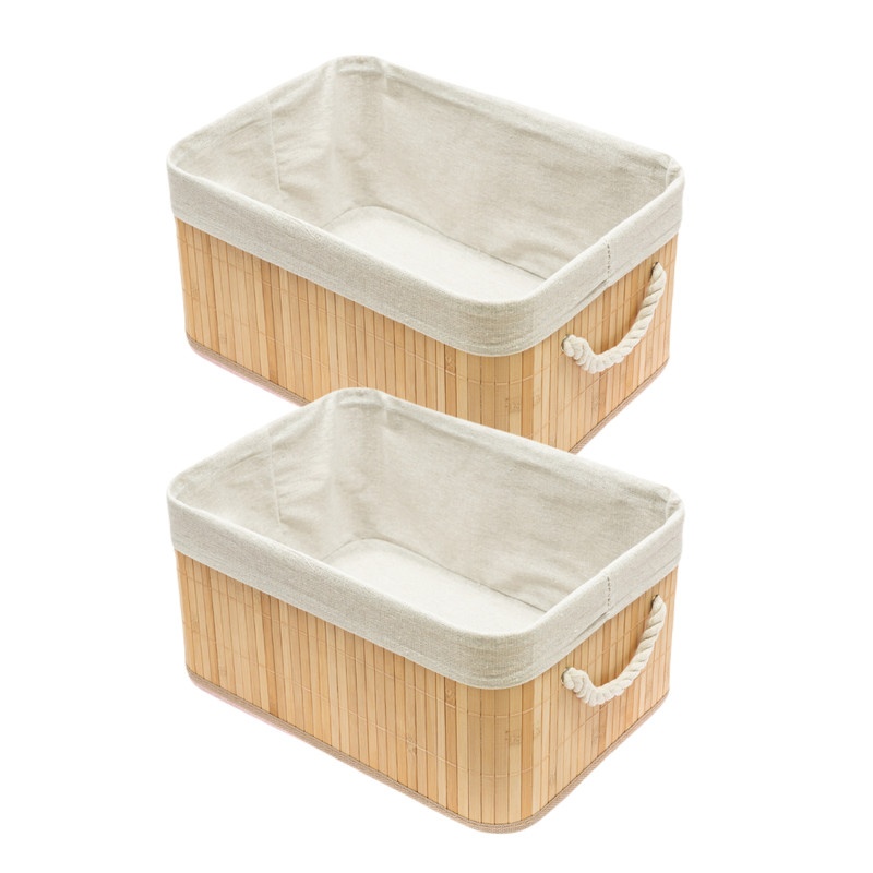 Kit 2 Cestos Organizadores de Bambu com Linho 28x18x14cm