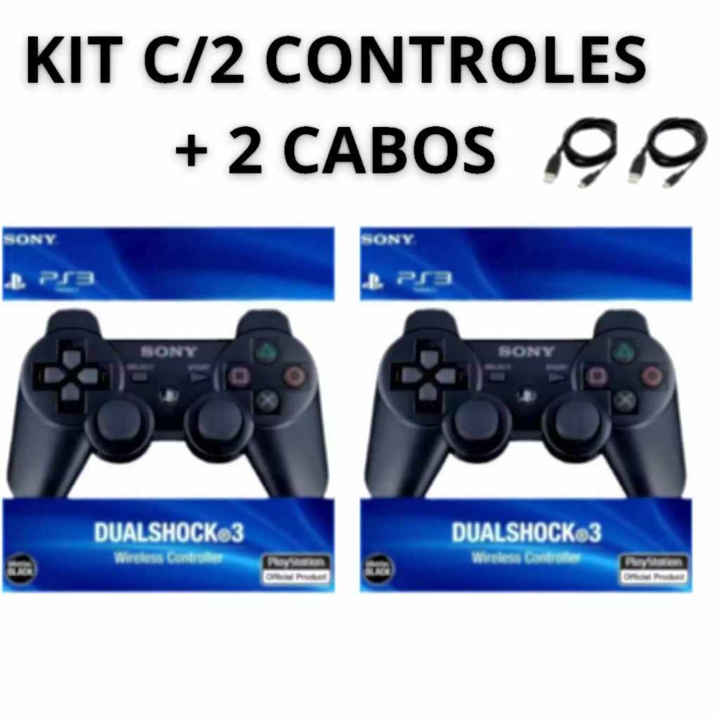 Kit 2 Controles PS3 Sem Fio + Cabo Carregador: Jogue com Mais Realismo e Conforto