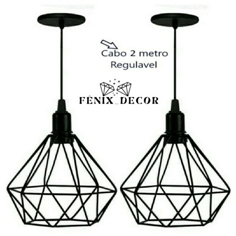 Kit 2 Pendentes Diamante Aramado Preto – Iluminação Moderna para Seu Ambiente