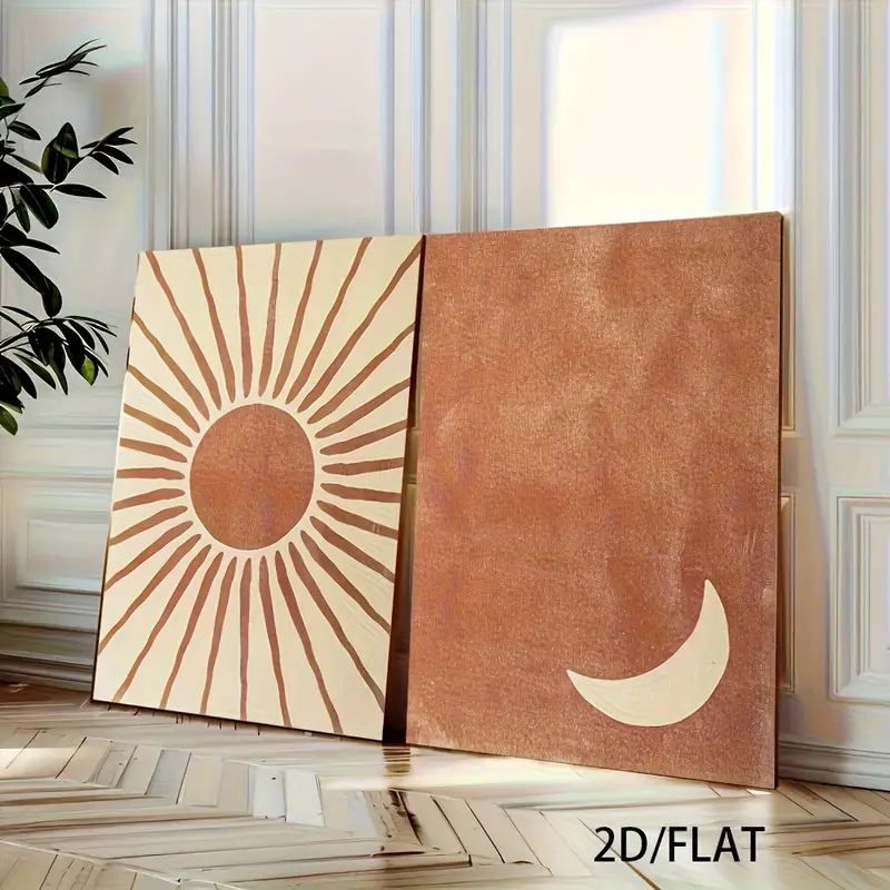 Kit 2 Quadros Boho Lua e Sol – Arte Terracota e Bege para Decoração