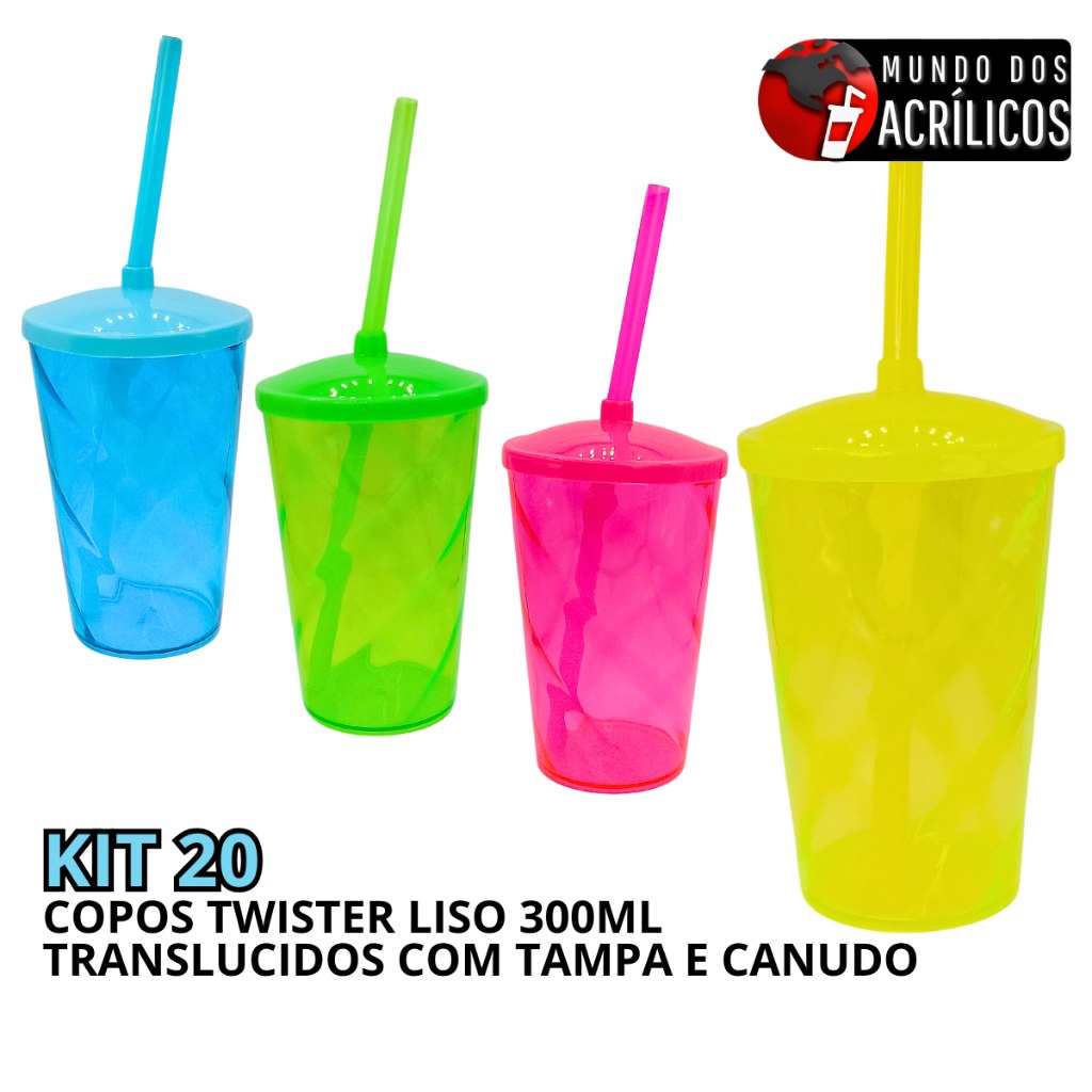 Kit 20 Copos Twister 300ml Personalizáveis com Tampa e Canudo