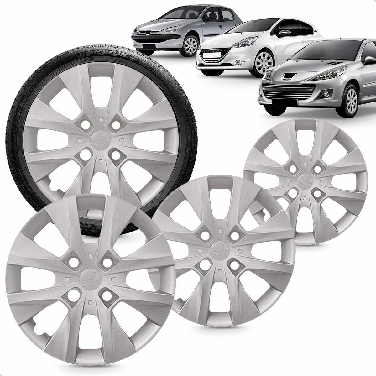 Kit 4 Calotas Aro 14 Peugeot 206 207 208 Prata Cubo Baixo Grid - Estilo e Proteção