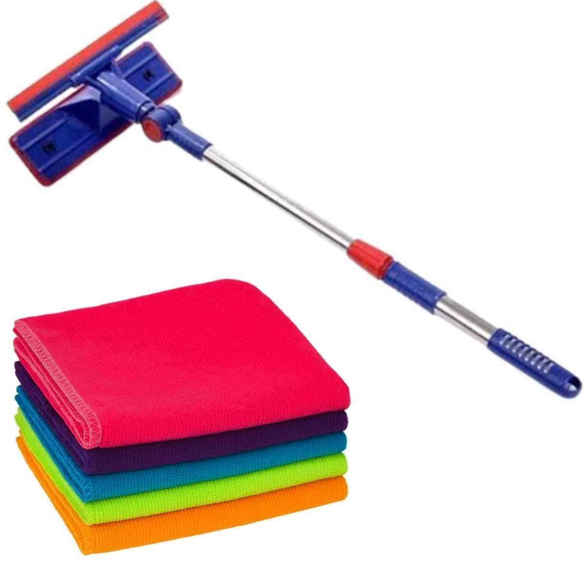Kit Rodo Limpa Vidro com 5 Flanelas Microfibra 28x28cm - Cabo Ajustável 85cm, Articulado e Desmontável