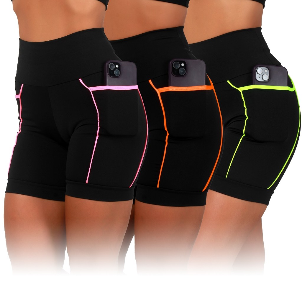 Kit 3 Bermudas Fitness Neon: Zero Transparência!