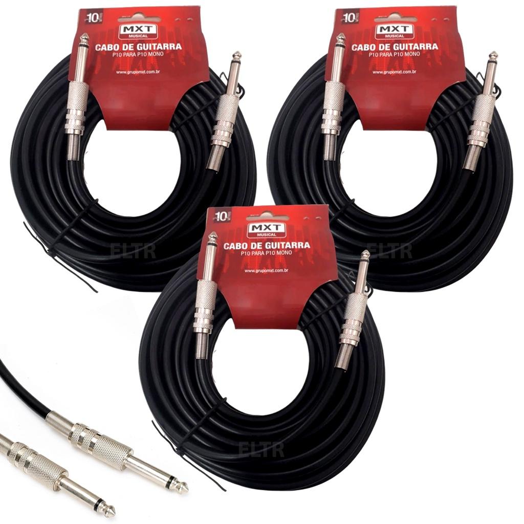 Kit 3 Cabos P10 10m para Guitarra, Baixo e Violão – Alta Qualidade e Flexibilidade