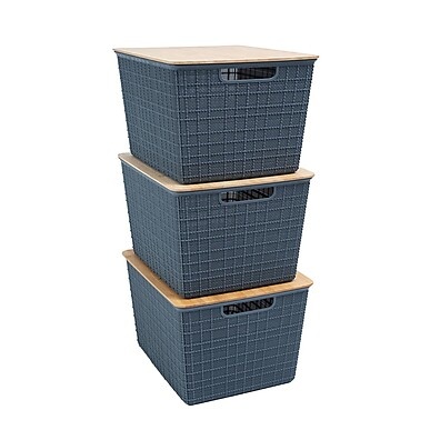 Kit 3 Caixas Organizadoras com Tampa de Bambu 18L – Cinza