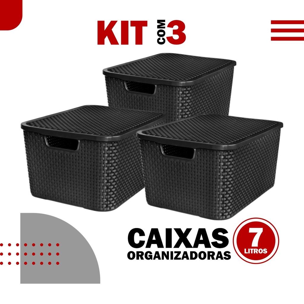 Kit 3 Caixas Organizadoras Rattan 7L Preto