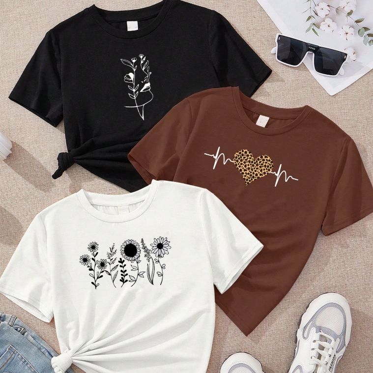 Kit 3 Camisetas Femininas Algodão Estampadas Off-White