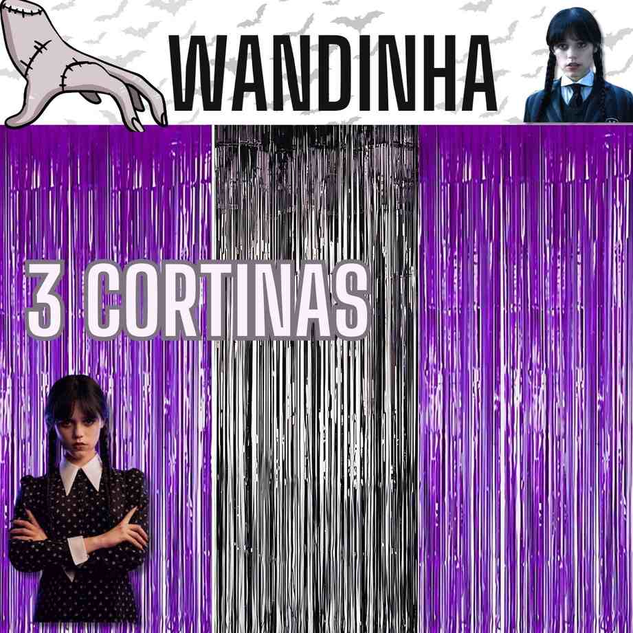 Kit 3 Cortinas Metalizadas para Festa da Wandinha