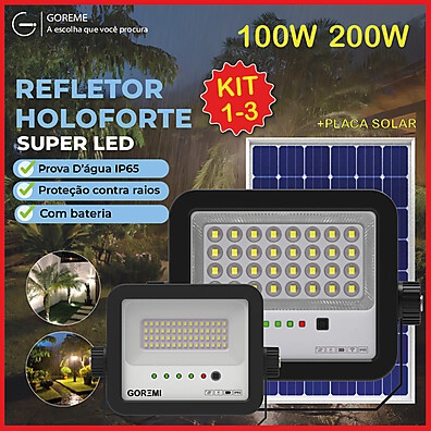 Kit 3 Holofotes Solares LED 100W ou 200W: Iluminação Potente e Sustentável