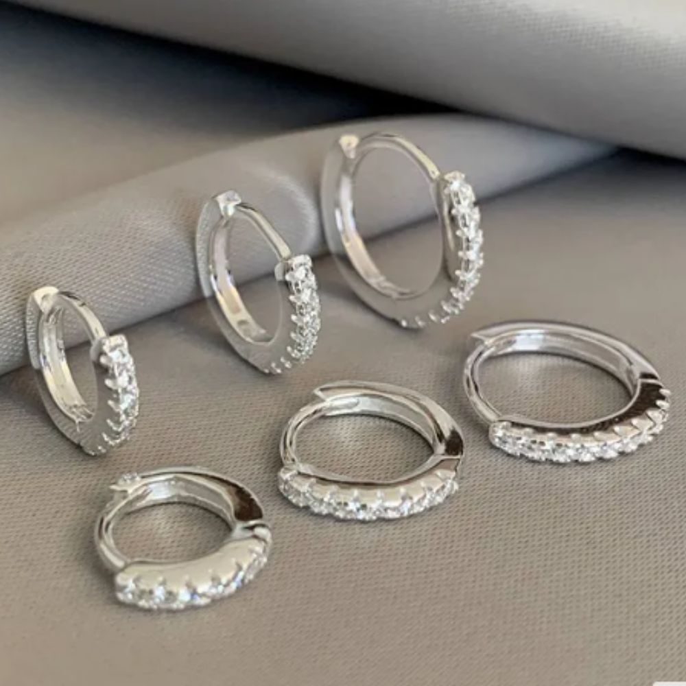 Kit 3 Pares de Brincos Argola Cravejados Zircônia Dourado e Prata Fashion