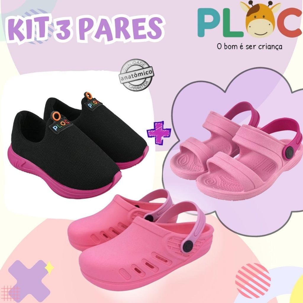 Kit 3 Pares PLOC para Meninas: Tênis, Sandália e Chinelo de Verão