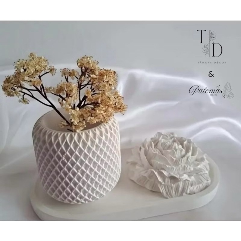 Kit 3 Peças: Bandeja, Flor de Peônia e Vaso de Luxo para Decoração