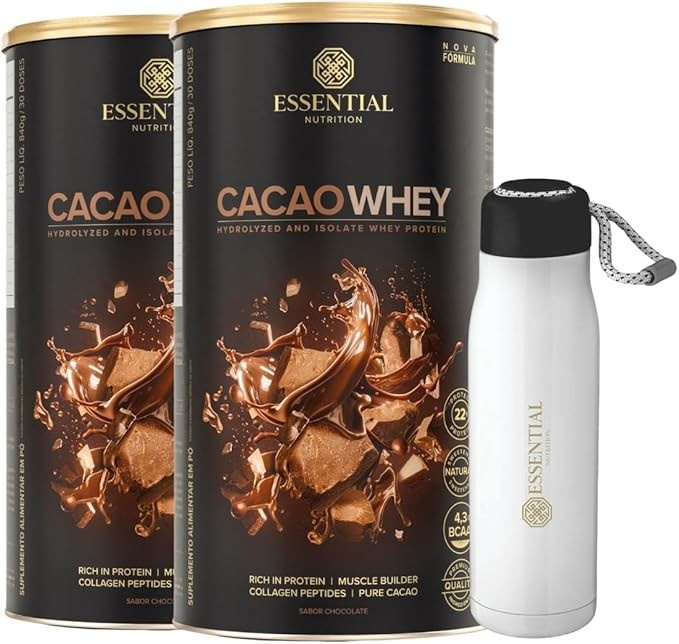 Kit 2x Cacao Whey Latão (30 Doses) + Garrafa Essential Alumínio Exclusiva