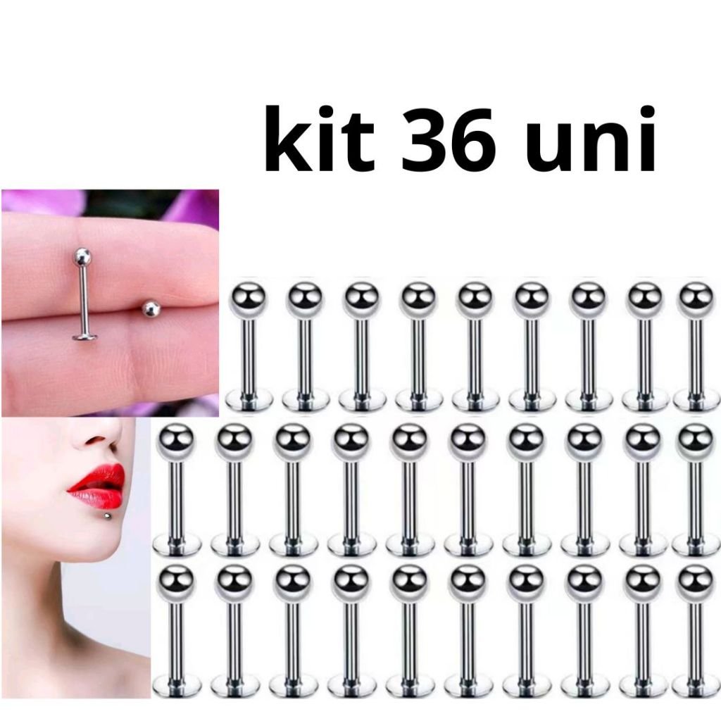 Kit 36 Piercings Labret Lábios Tragus Conch Aço Cirúrgico 316L