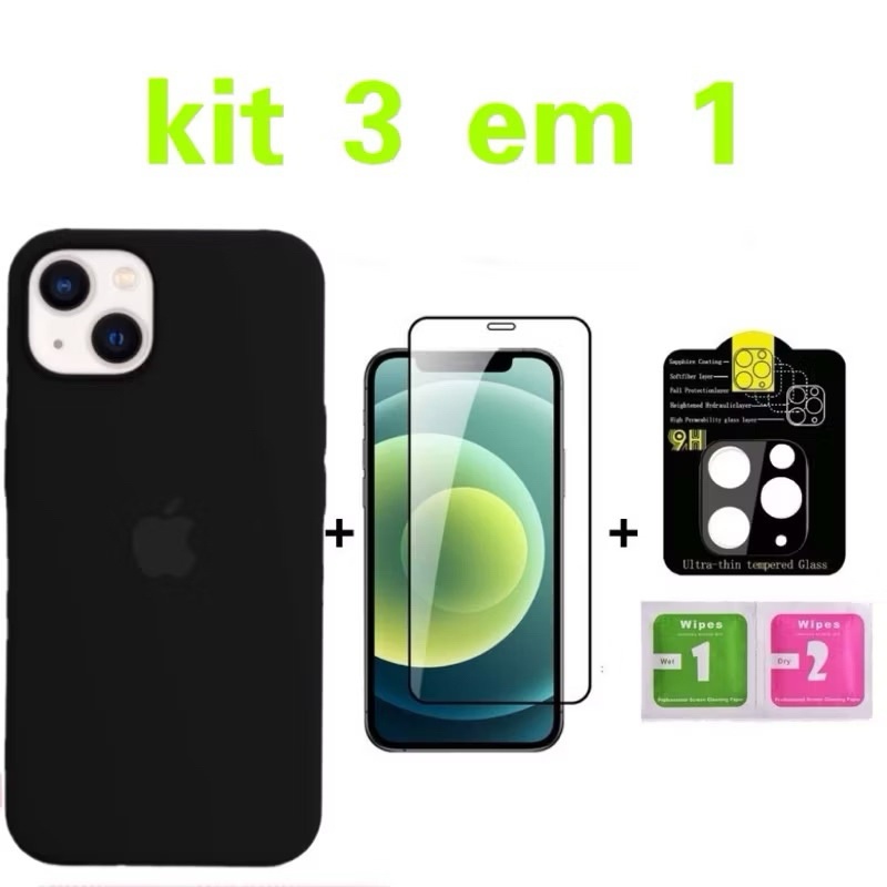 Kit 3em1 Proteção Completa iPhone 14: Capa + Película 3D + Câmera