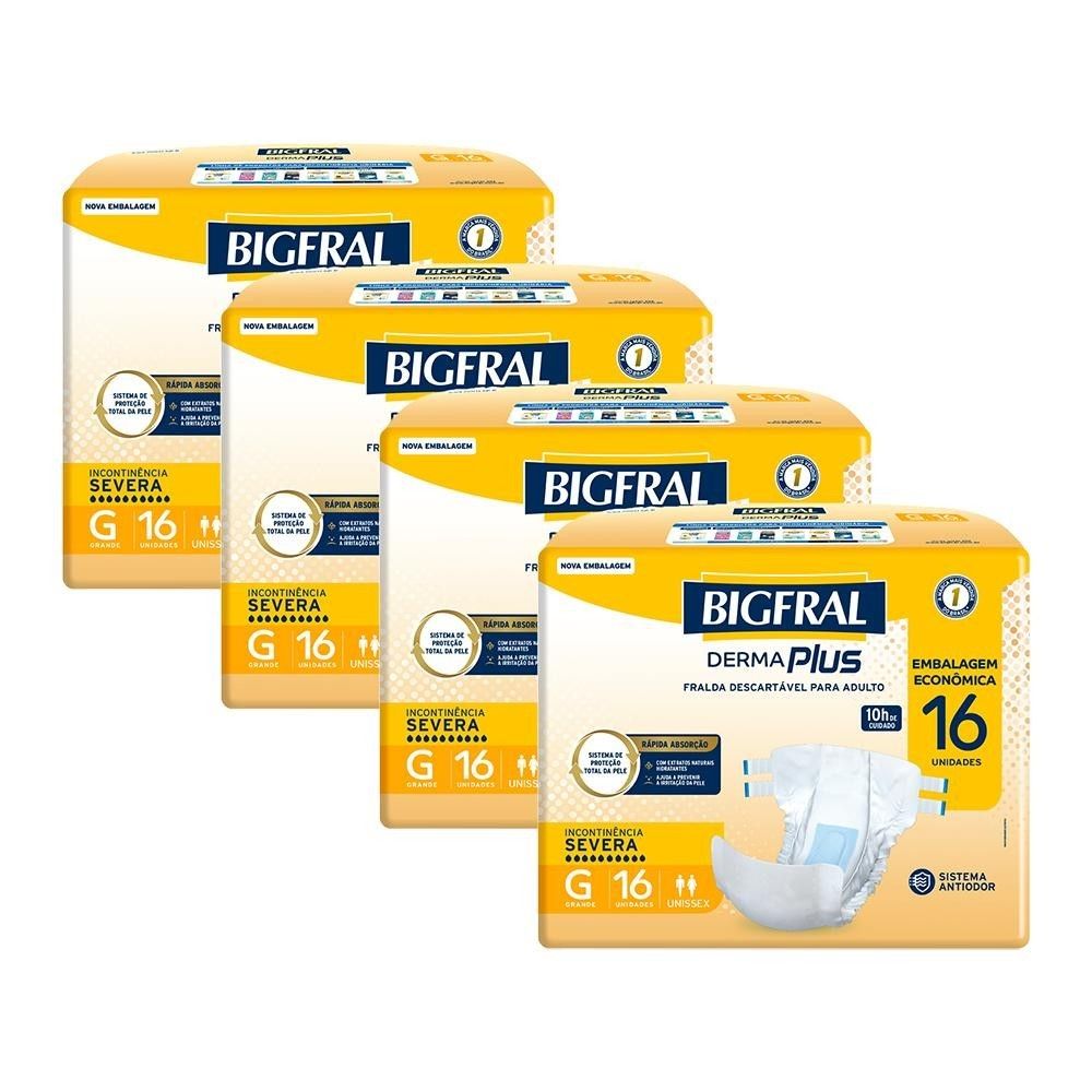 Kit 4 Fraldas Geriátricas Bigfral Derma Plus G: 64 Unidades com Proteção Total
