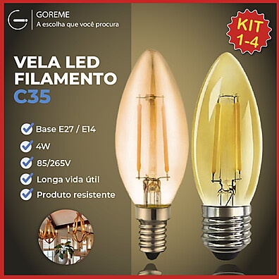 Kit 4 Lâmpadas LED Vela Filamento E27 e E14 4W 2200K Bivolt