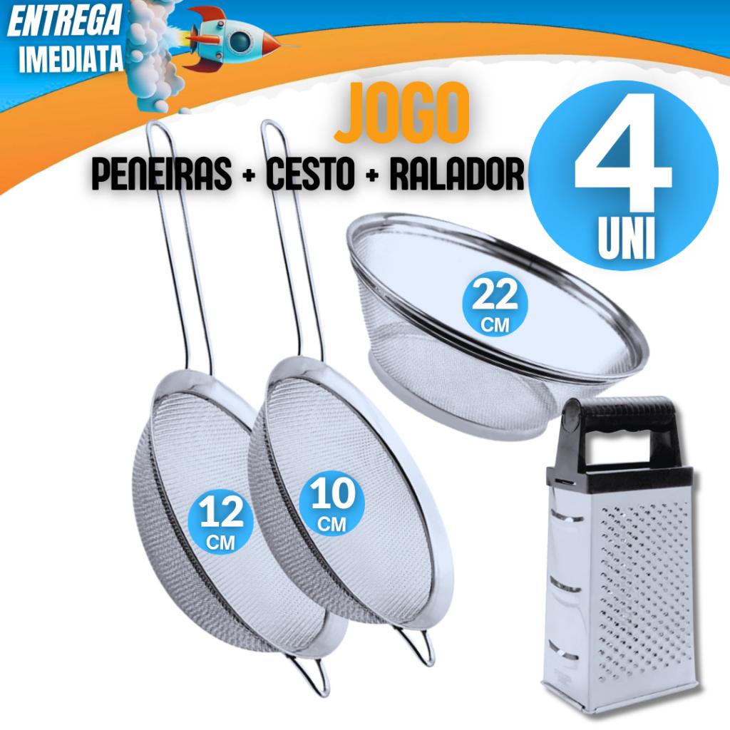 Kit 4 Peneiras e Cesto Inox 22cm + Ralador - Qualidade Máxima