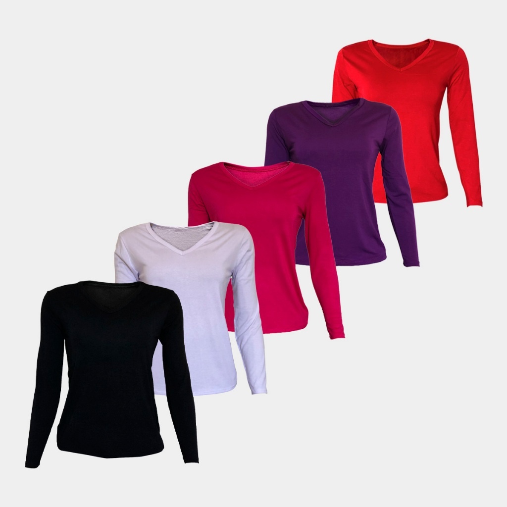 Kit 5 Blusas Femininas Manga Longa Malha Segunda Pele