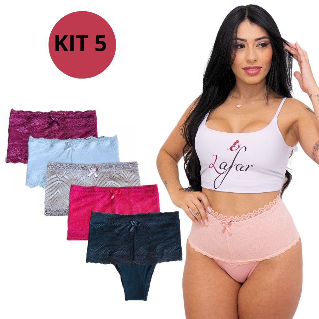 Kit 5 Calcinhas Cinta Modeladoras de Algodão com Renda Alta - Lafar