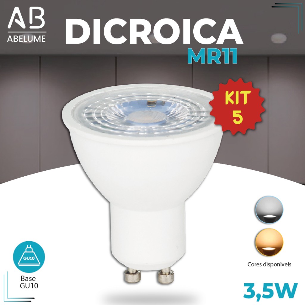 Kit 5 Lâmpadas LED Dicroicas GU10 3,5W Bivolt: Branca e Amarela