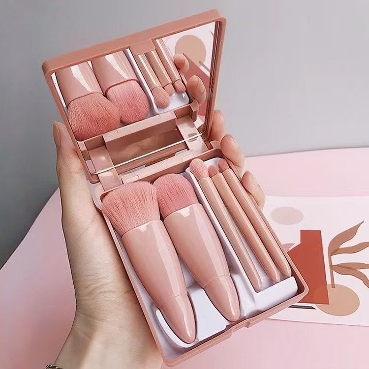 Kit 5 Pincéis Maquiagem: Essencial Portátil c/ Espelho