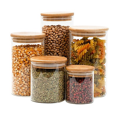 Kit 5 Potes de Vidro com Tampa de Bambu Herméticos - Armazenamento Elegante e Prático