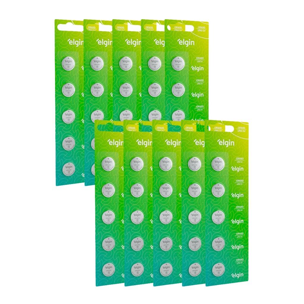 Kit 50 Baterias CR1620 3V: 10 Cartelas Elgin para Relógios e Dispositivos