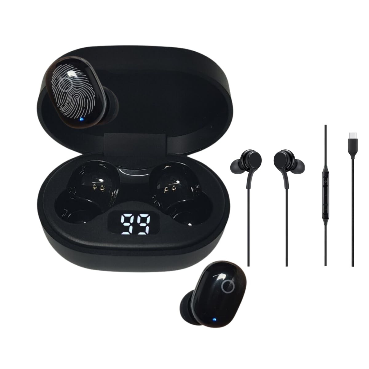 Kit 2 em 1: Fone Bluetooth Preto 5.0 Confortável + Fone Tipo C Carregamento Rápido