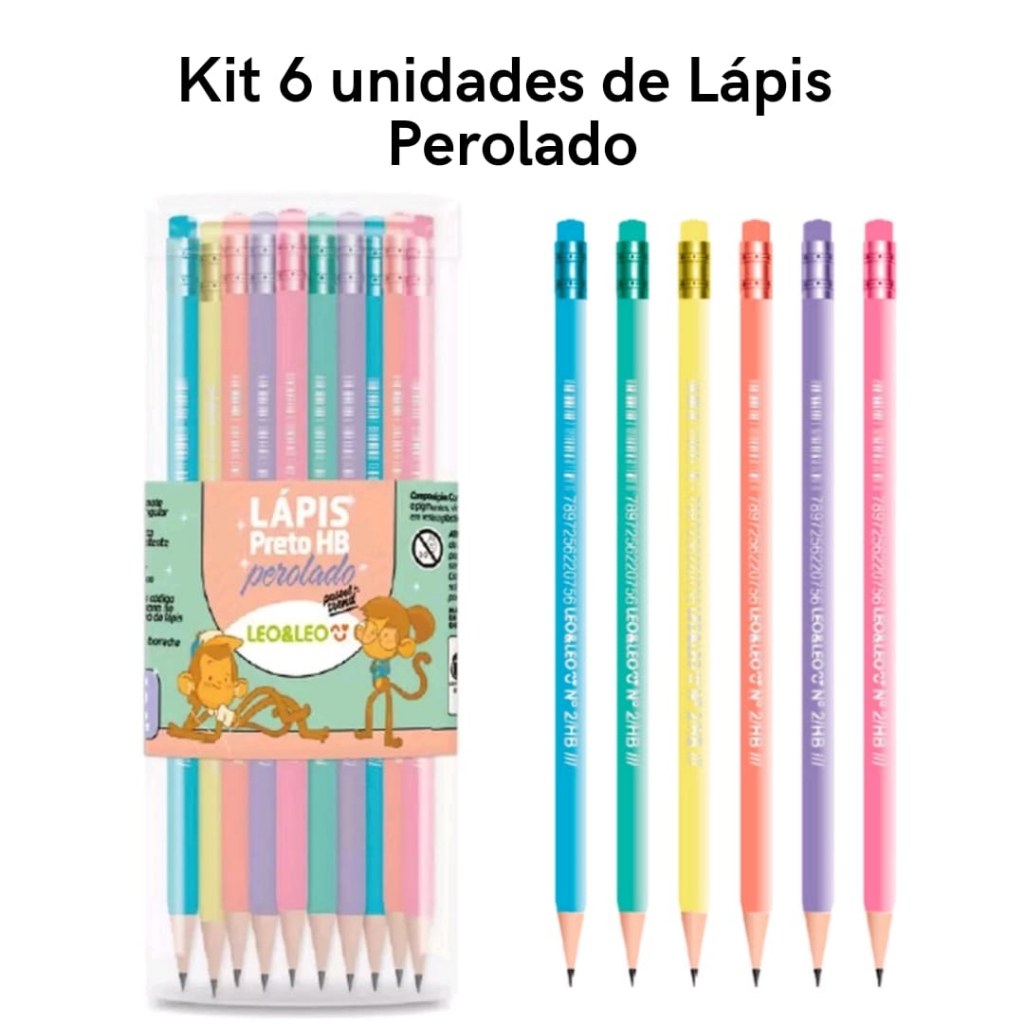 Kit 6 Lápis HB Pastel Perolado Leo&Leo com Borracha