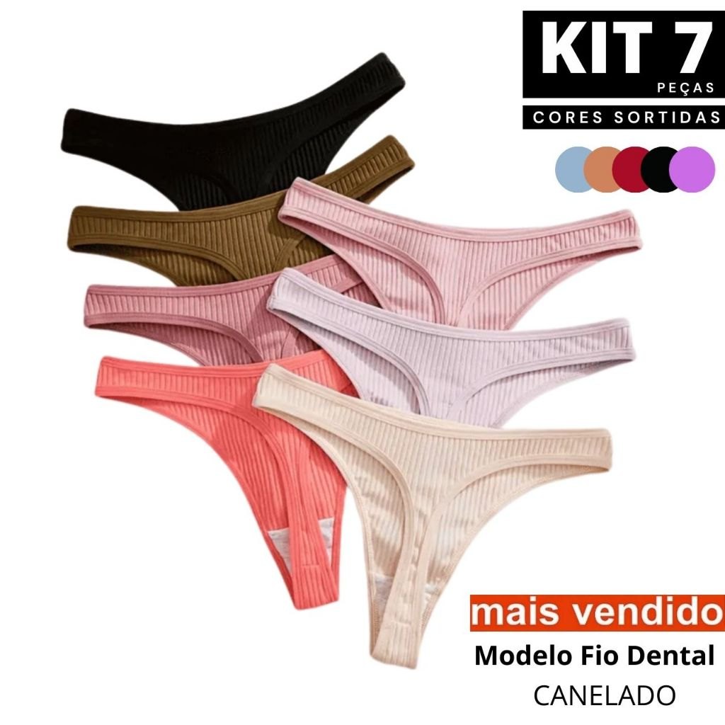 Kit 7 Calcinhas Fio Dental Caneladas com Forro de Algodão