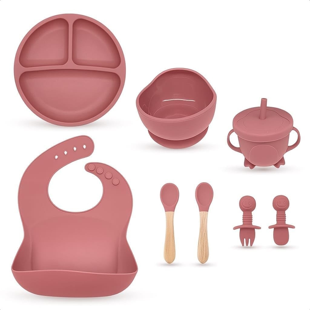 Kit Introdução Alimentar Bebê 8 Peças em Silicone Premium – Seguro, Atóxico e Ideal para BLW (Rosa)