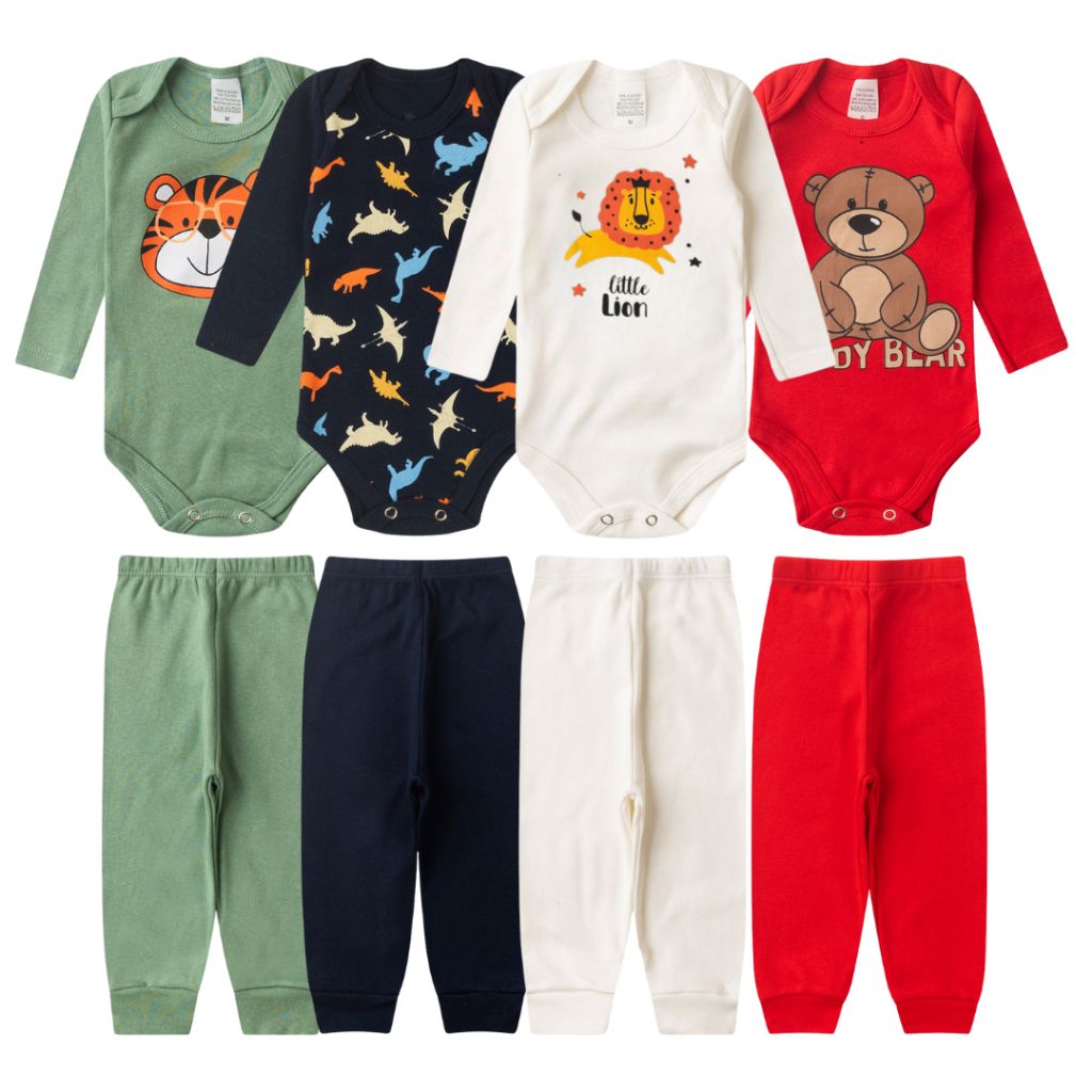 Kit 8 Peças Body Bebê Menino 100% Algodão – 4 Conjuntos Sortidos