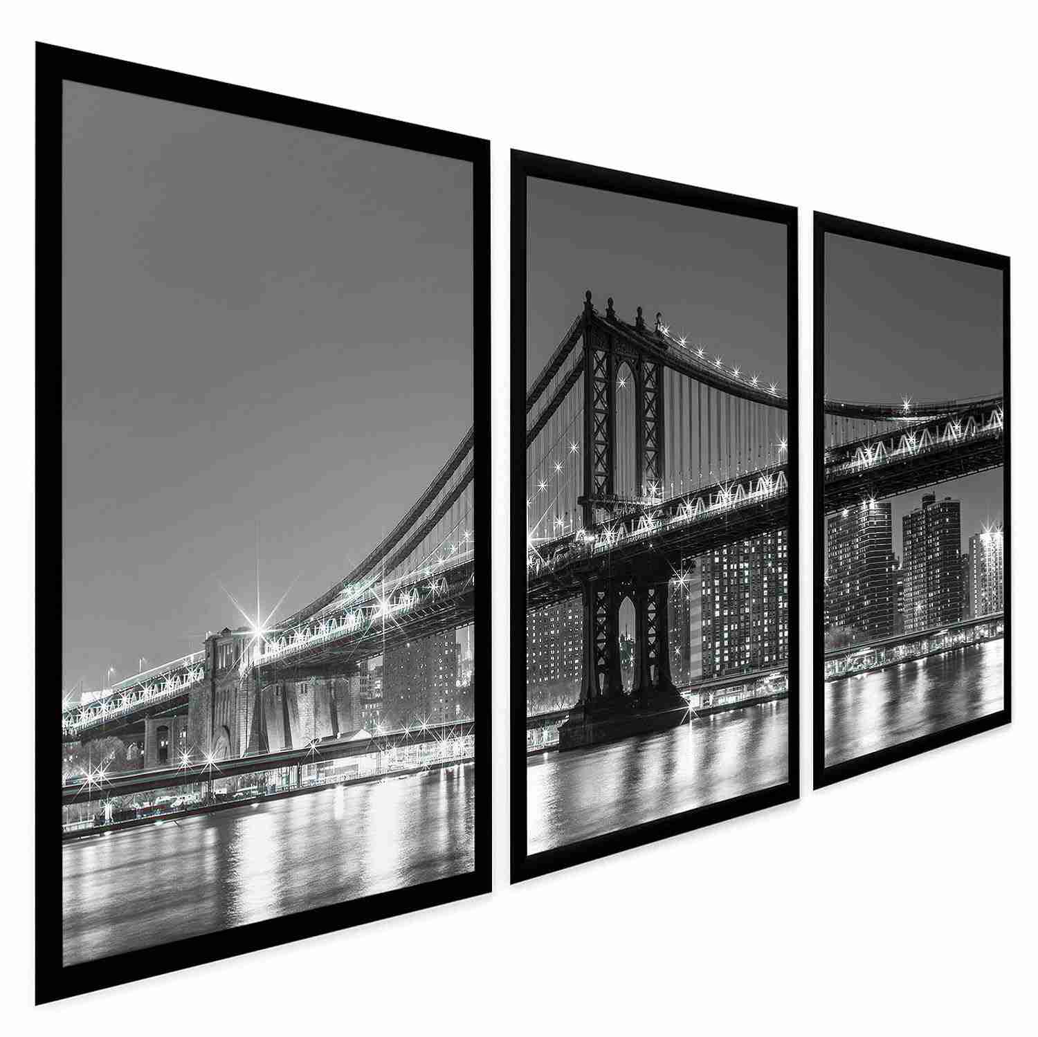 Quadros Decorativos Ponte de Manhattan Brooklyn - Kit 3 Peças com Moldura em Preto e Branco