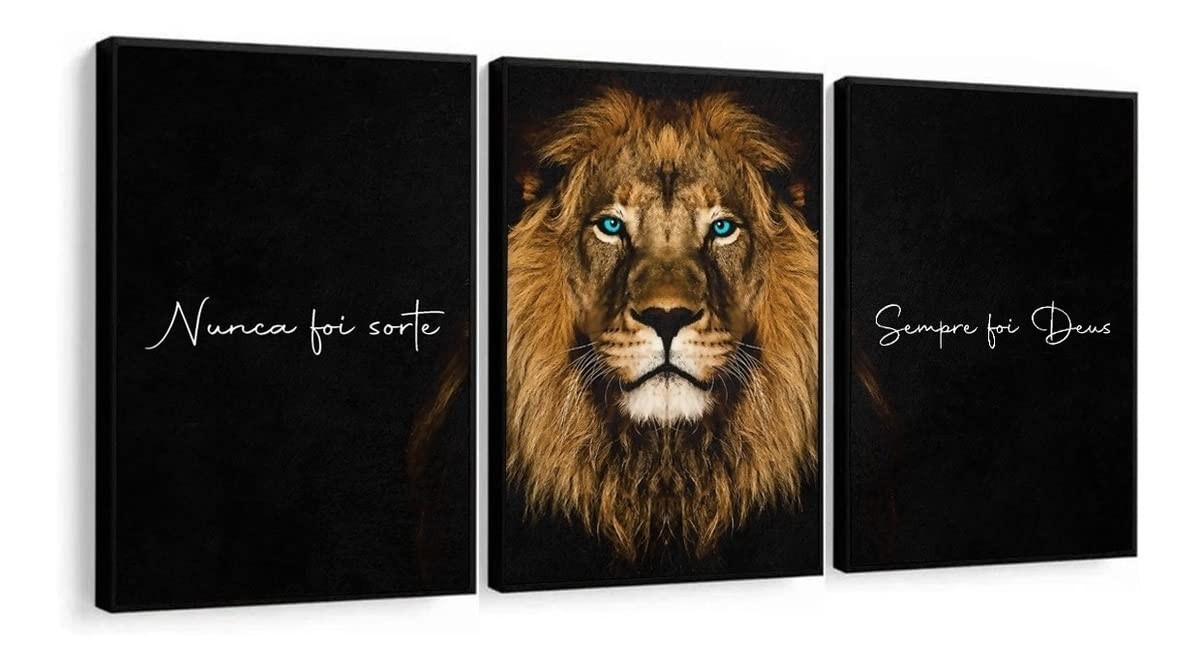 Kit 3 Quadros Decorativos Leão Nunca Foi Sorte - Luxo para Sala e Quarto