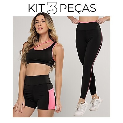 Kit Academia Fitness: Top + Short com Bolso + Legging