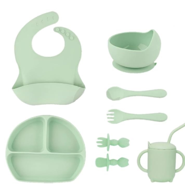 Kit Alimentação Bebê 6 Peças em Silicone Verde - Prato, Copo, Tigela e Babador Seguro