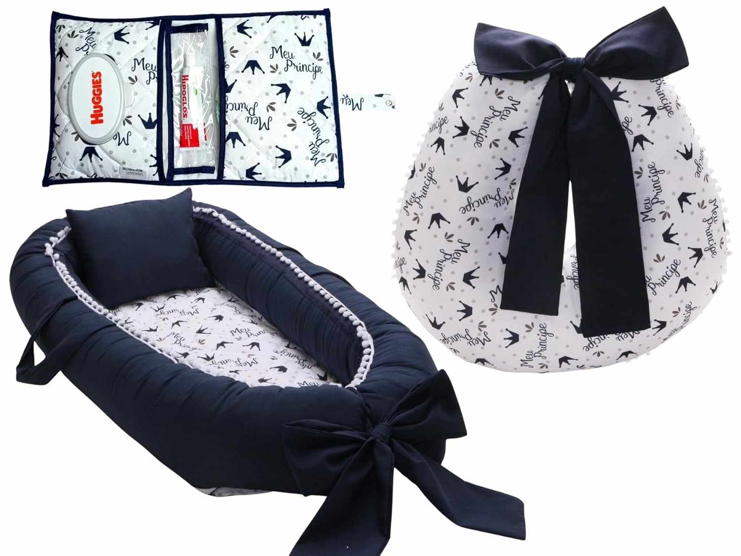Kit Completo para Bebê: Almofada de Amamentação + Ninho Redutor + Porta Fralda Menino Azul