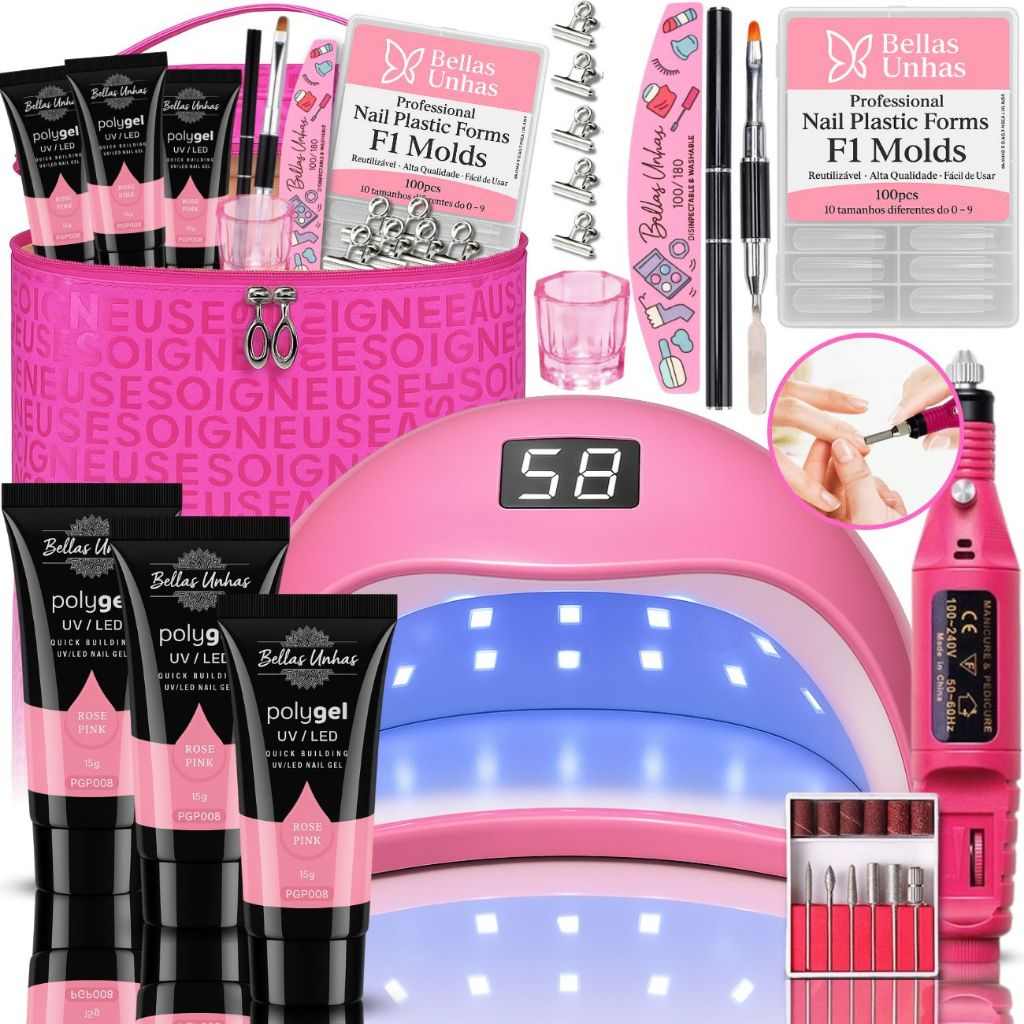 Kit Alongamento Unhas Polygel Profissional Sun5 + Lixadeira Elétrica